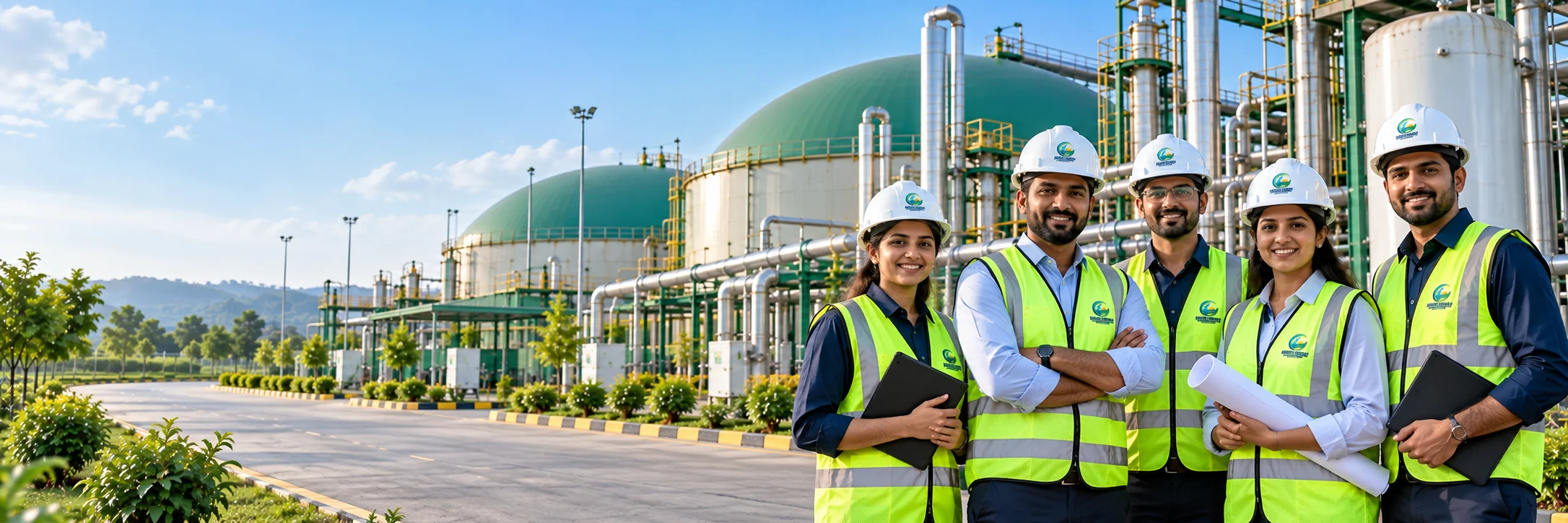 The Srikaraya plant team in hi-vis and hard hats standing before the digester domes and gas-upgrading skids