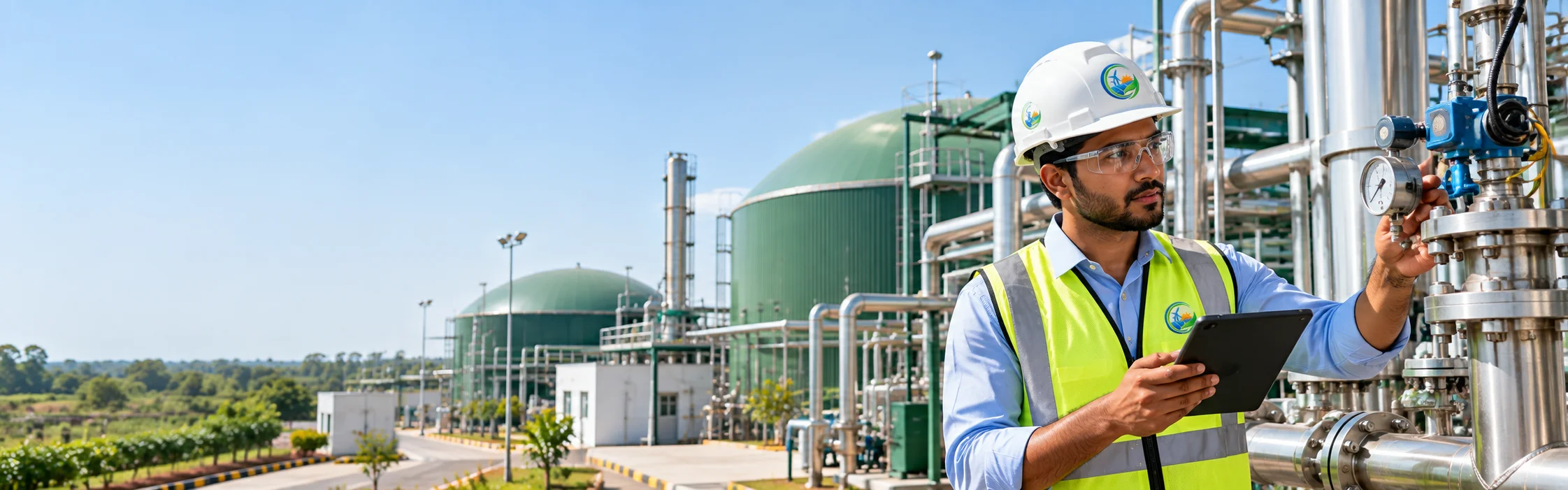 A Srikaraya process engineer checking a gauge on the upgrading skid, the digester domes behind him