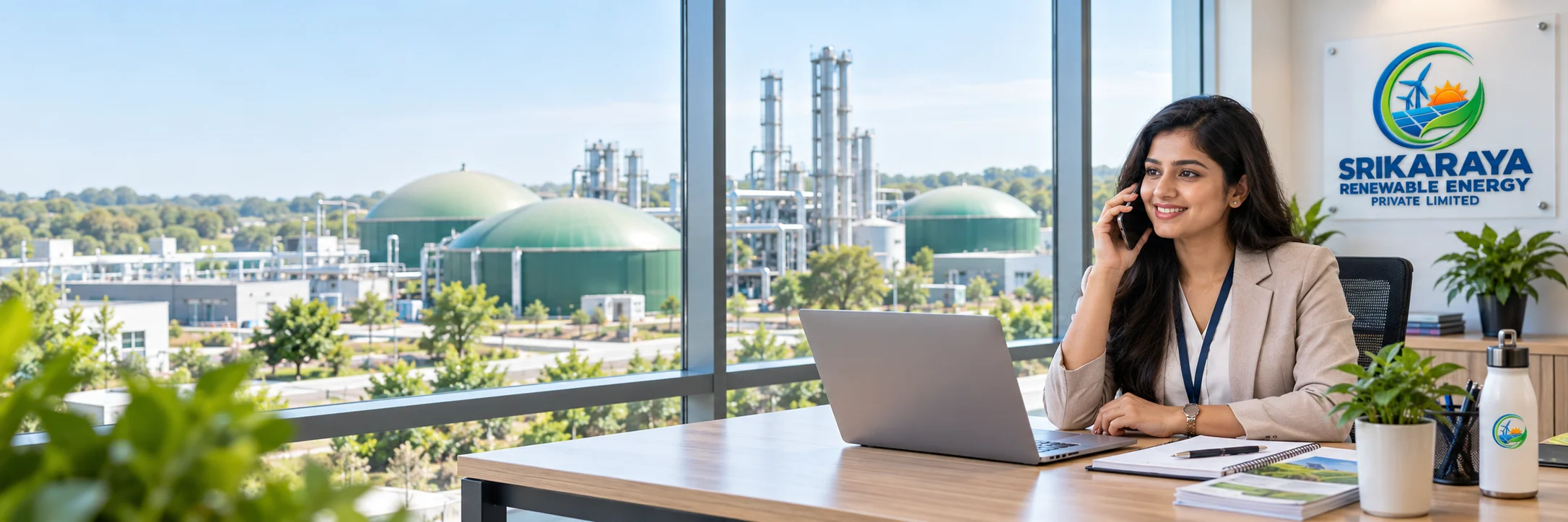 A desk looking out over the digester domes and process columns of a bio-CNG plant at sunset
