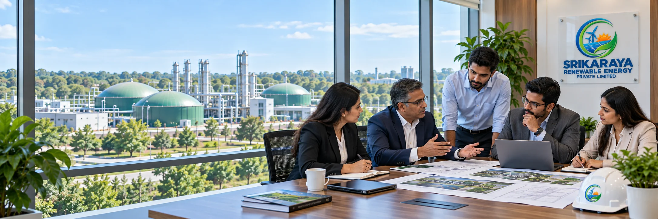 The Srikaraya leadership team around a boardroom table, the plant visible through the window behind them