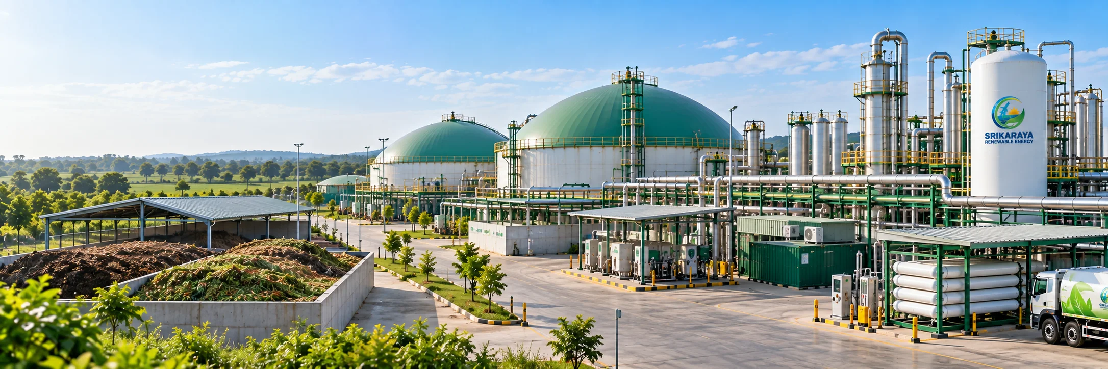 A Srikaraya plant in full view: digester domes, upgrading columns, the feedstock yard and a bio-CNG tanker