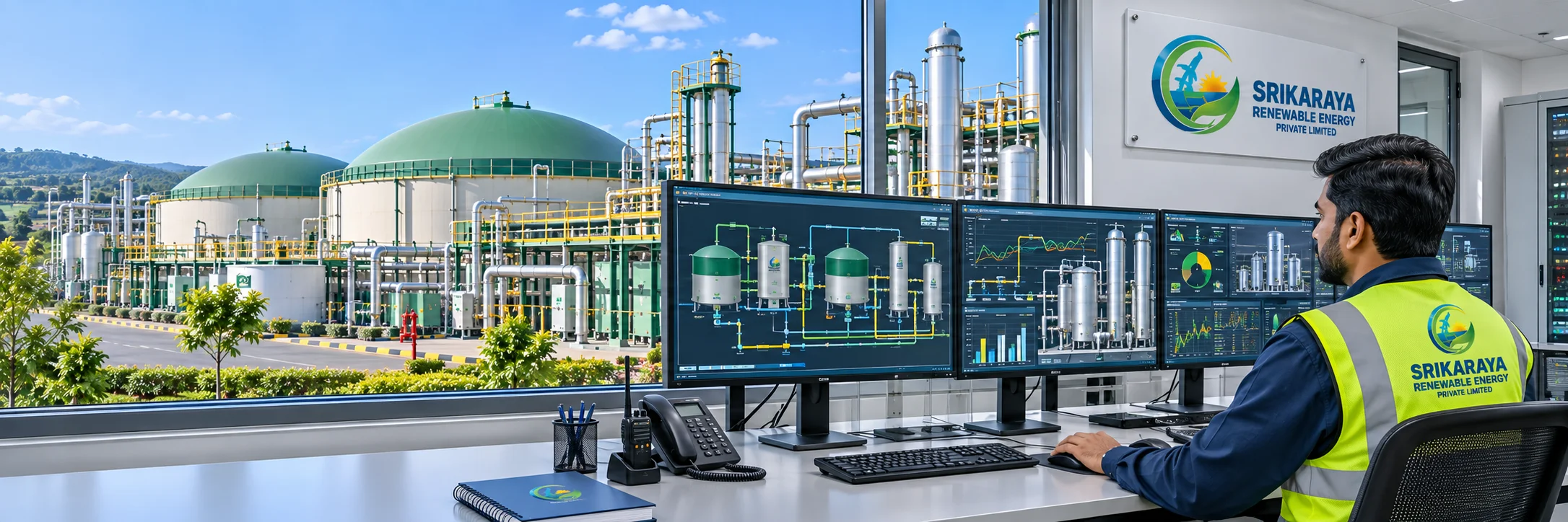A Srikaraya operator at the control room desk, process screens in front of him and the digester domes through the window